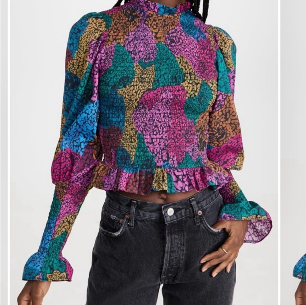 FARM RIO Rainbow Mixed Balloon Long Ruffle Trim Sleeve Blouse Like New - Picture 3 of 8